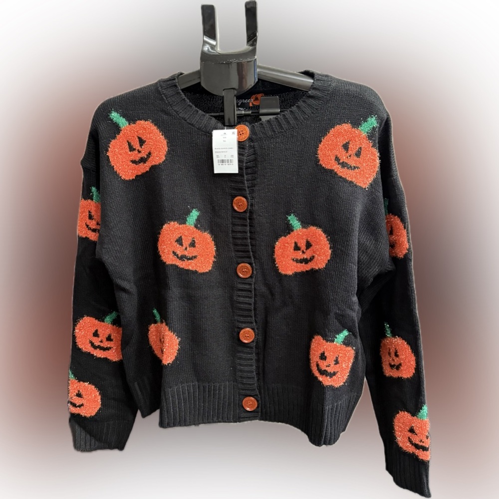 Women’s Pumpkin Graphic Cardigan Black With Orange Jack-o’-lanterns Size XL